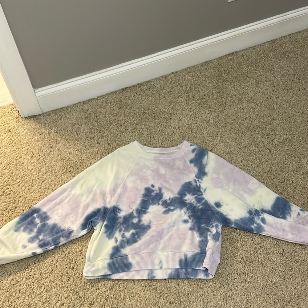 Purple, light green, and blue tie die cropped hoodie